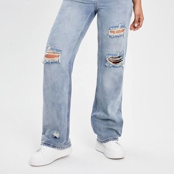 NEW! Ripped Distressed Boyfriend Jeans Light Blue Washed Grunge Torn High Waist - Picture 6 of 7